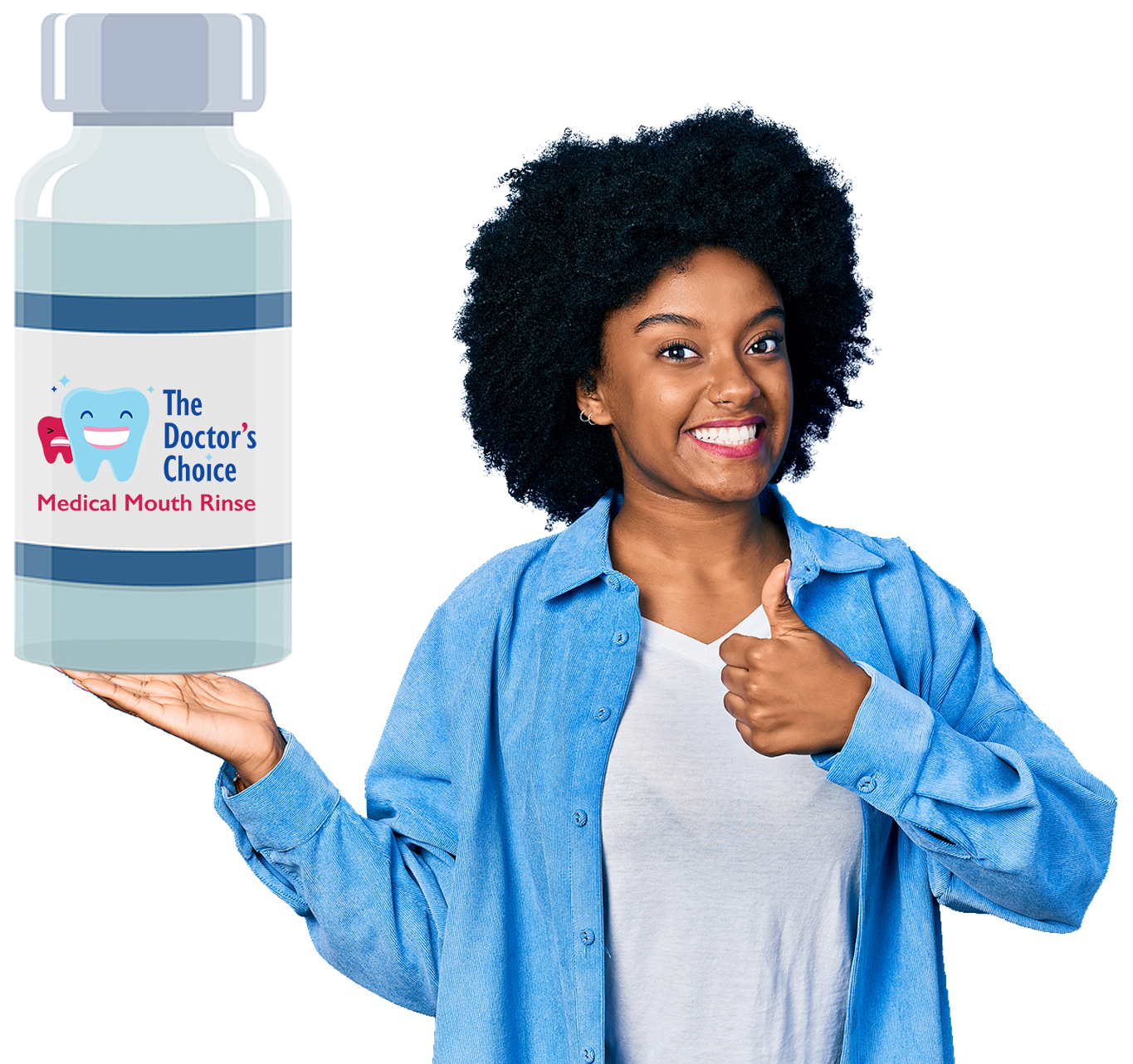 Energetic young lady giving the thumbs up holding a bottle of the Doctors Choice medical mouth rinse
